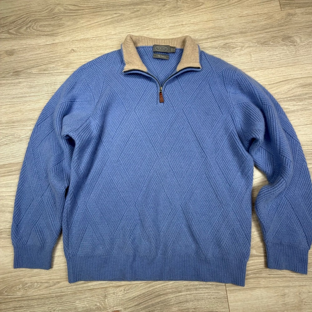 Talbots Mens 100% Cashmere Quarter Zip Sweater Blue Diamond Knit Textured Medium